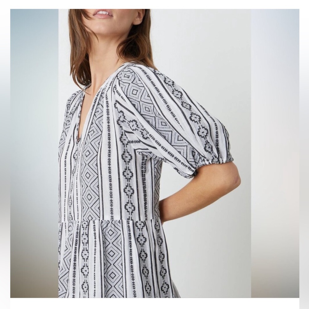 Velvet Graham & Spencer Monique Black White Jacquard Boho Puff Sleeve Dress Sz S